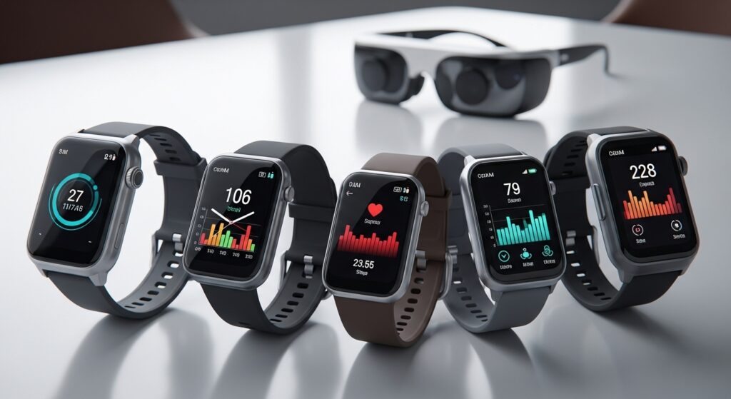 Smartwatches and fitness bands on a table